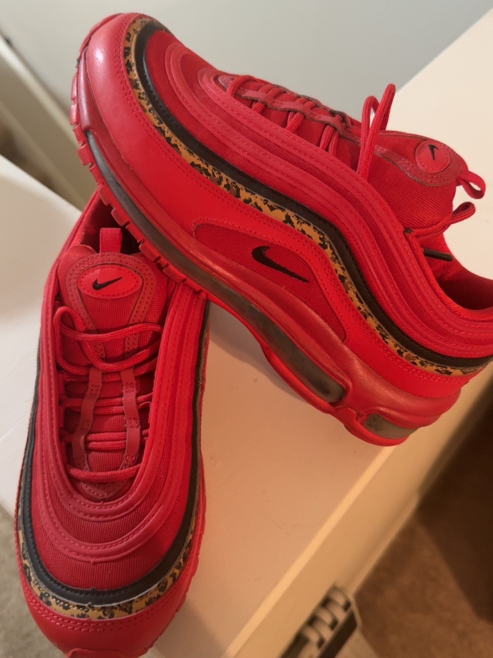 Nike Red Air Max 97 Sneakers with Black Swoosh and Leopard Accent